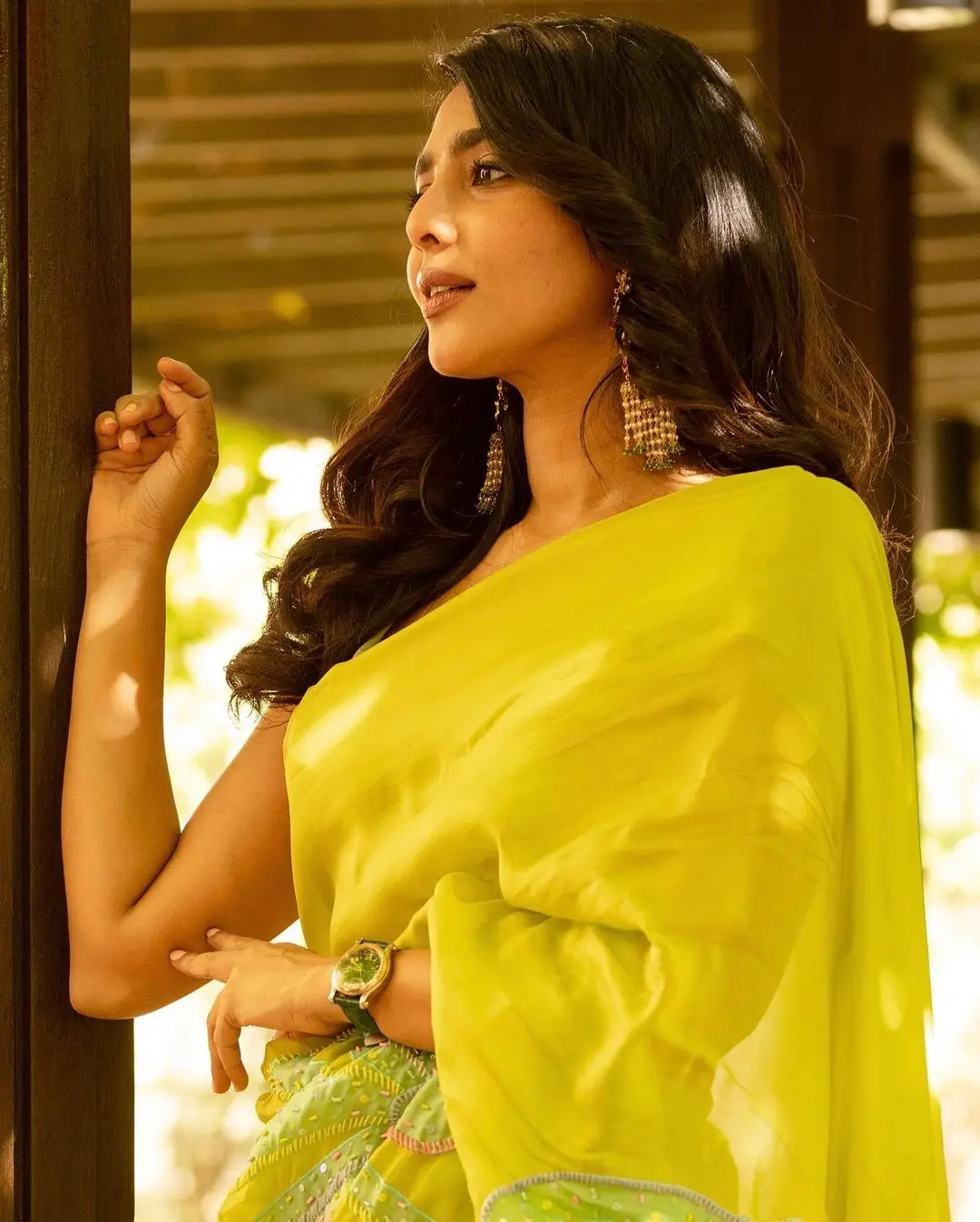 Aishwarya Lekshmi in Lemon Green Color Saree Sleeveless Blouse